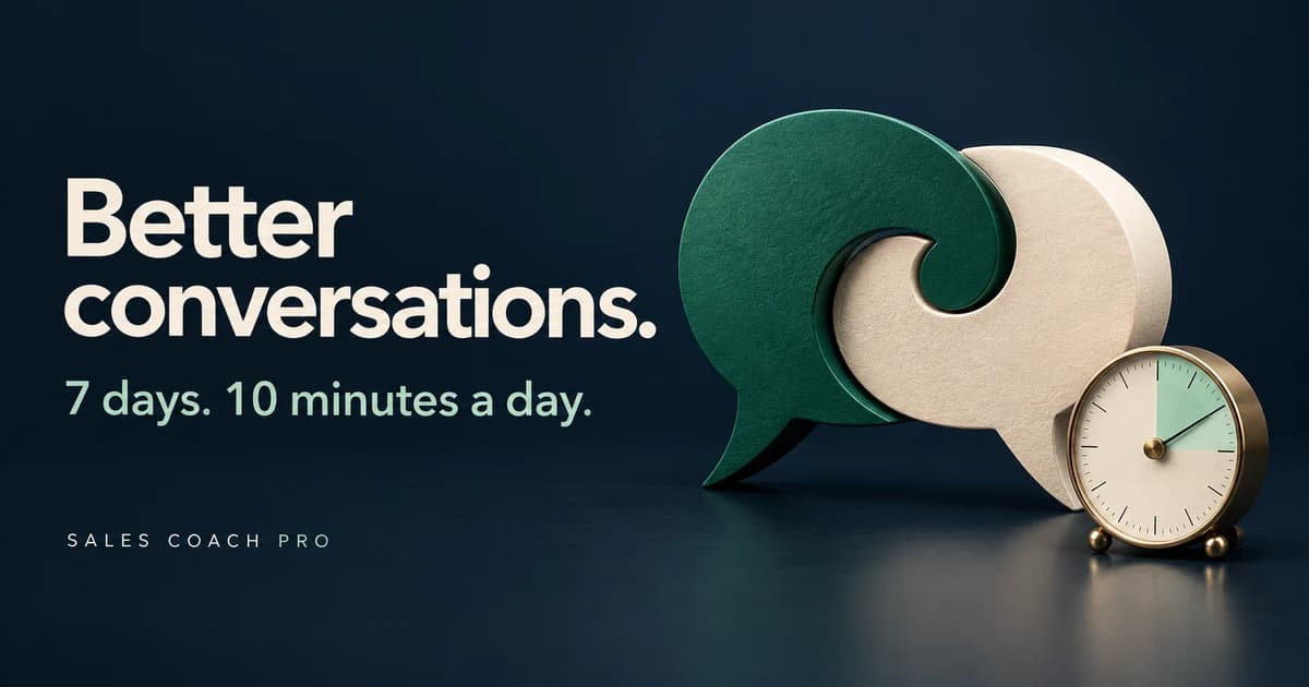 Better conversations. 7 days. 10 minutes a day. Speech bubbles and a timer on a navy background.